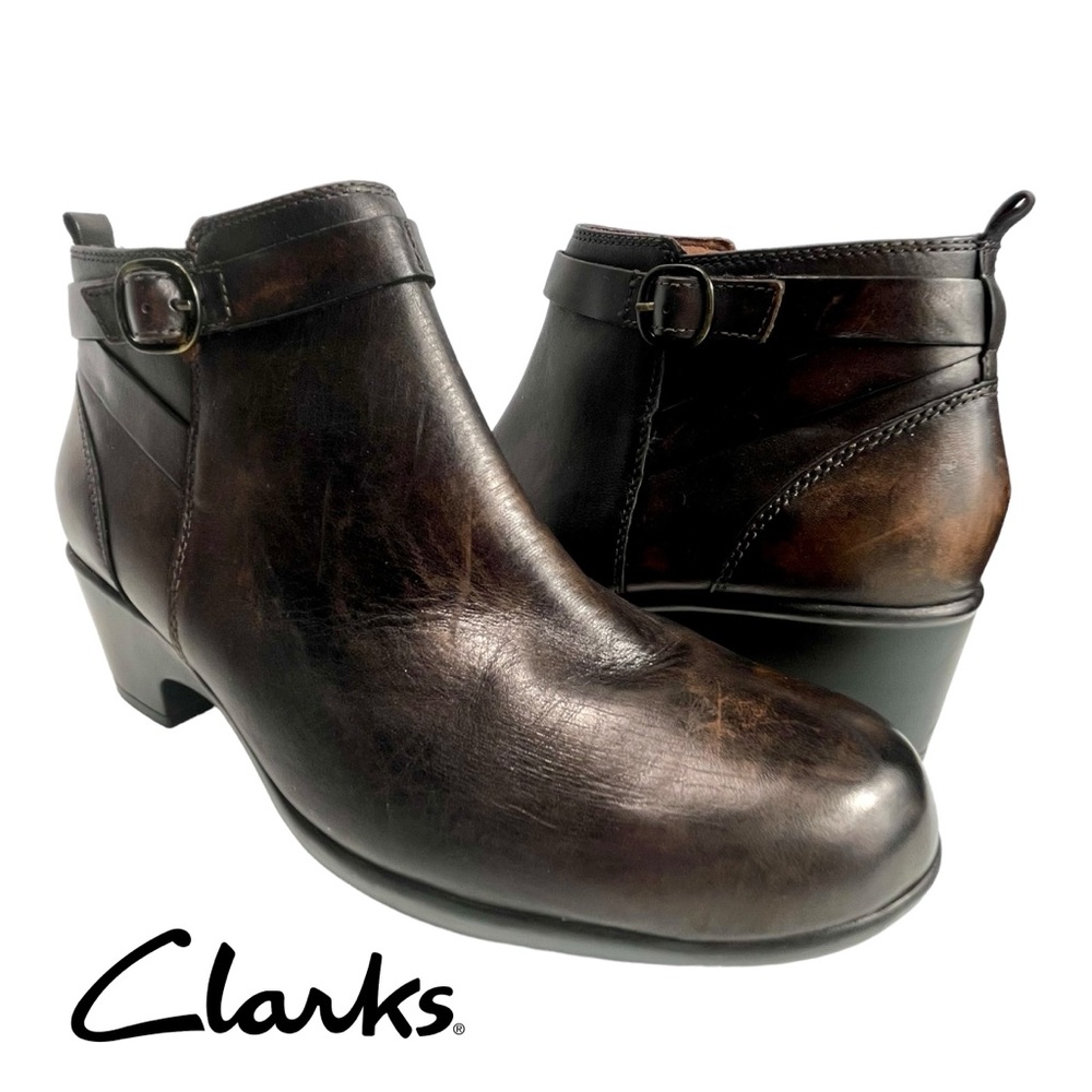 Clarks Women 9.5W Malia Hawthorn Brown Leather Side Zip‎ Ankle Boot